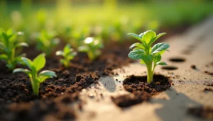 Seedlings growing through biodegradable mulch film.